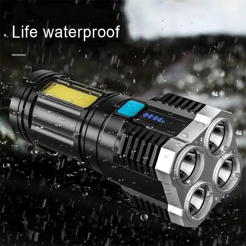 4-core Super Bright Flashlight Rechargeable Outdoor Multi-function P1000 Led Long-range Spotlight Battery Display COB Light